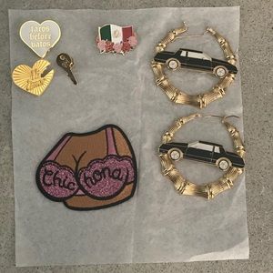 Earrings, pins, iron on or sew on patch.